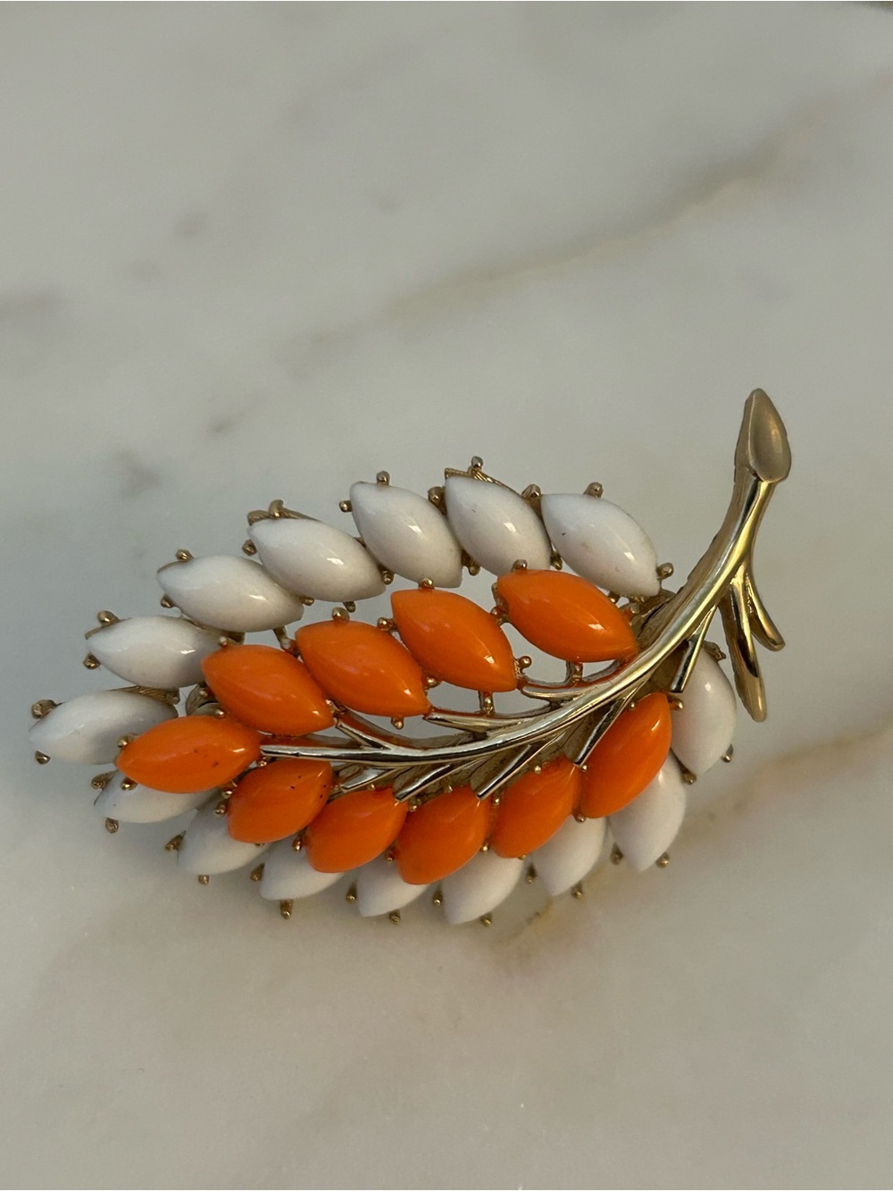 1950s Crown Trifari Coral and White Moonstone Brooch